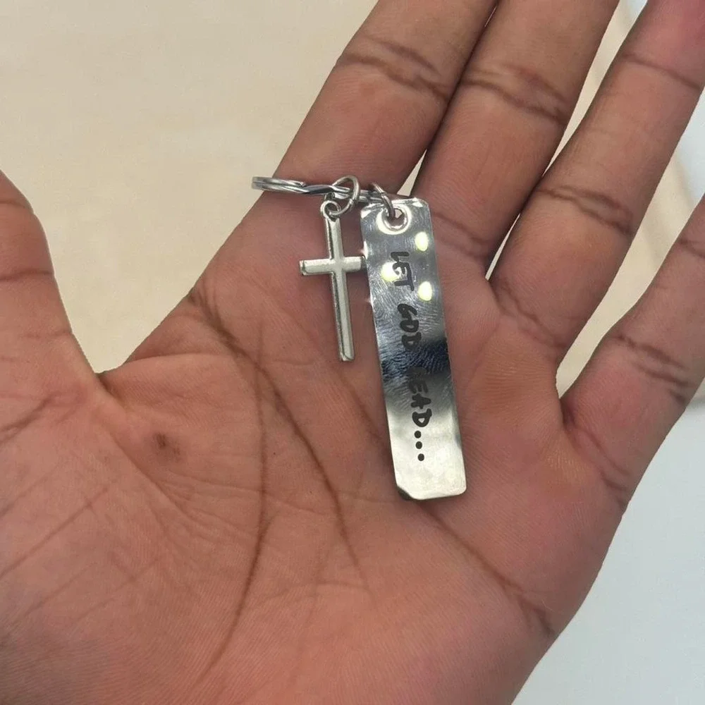 Let God Lead Christian Cross Keychain Silver Tone Religious Faith Accessory